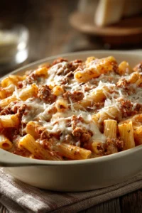 Close-up of a creamy pasta dinner ziti with herbs on a white plate