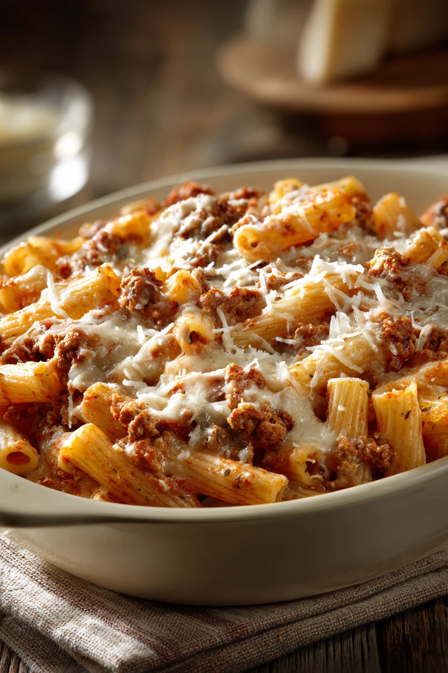Close-up of a creamy pasta dinner ziti with herbs on a white plate