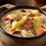 Close-up of creamy potato and sausage chowder soup with herbs in a white bowl