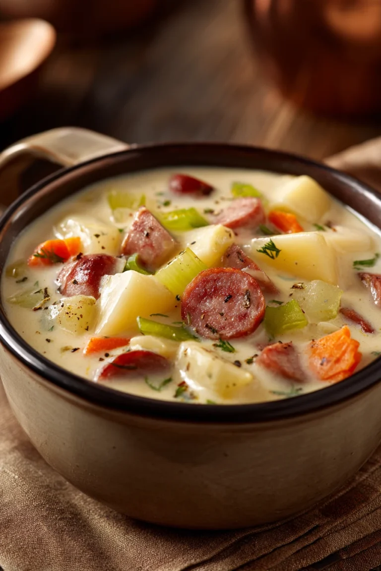 Close-up of creamy potato and sausage chowder soup with herbs in a white bowl