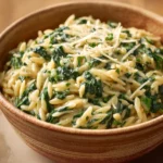 Close-up of creamy spinach orzo with parmesan, bright and appetizing.