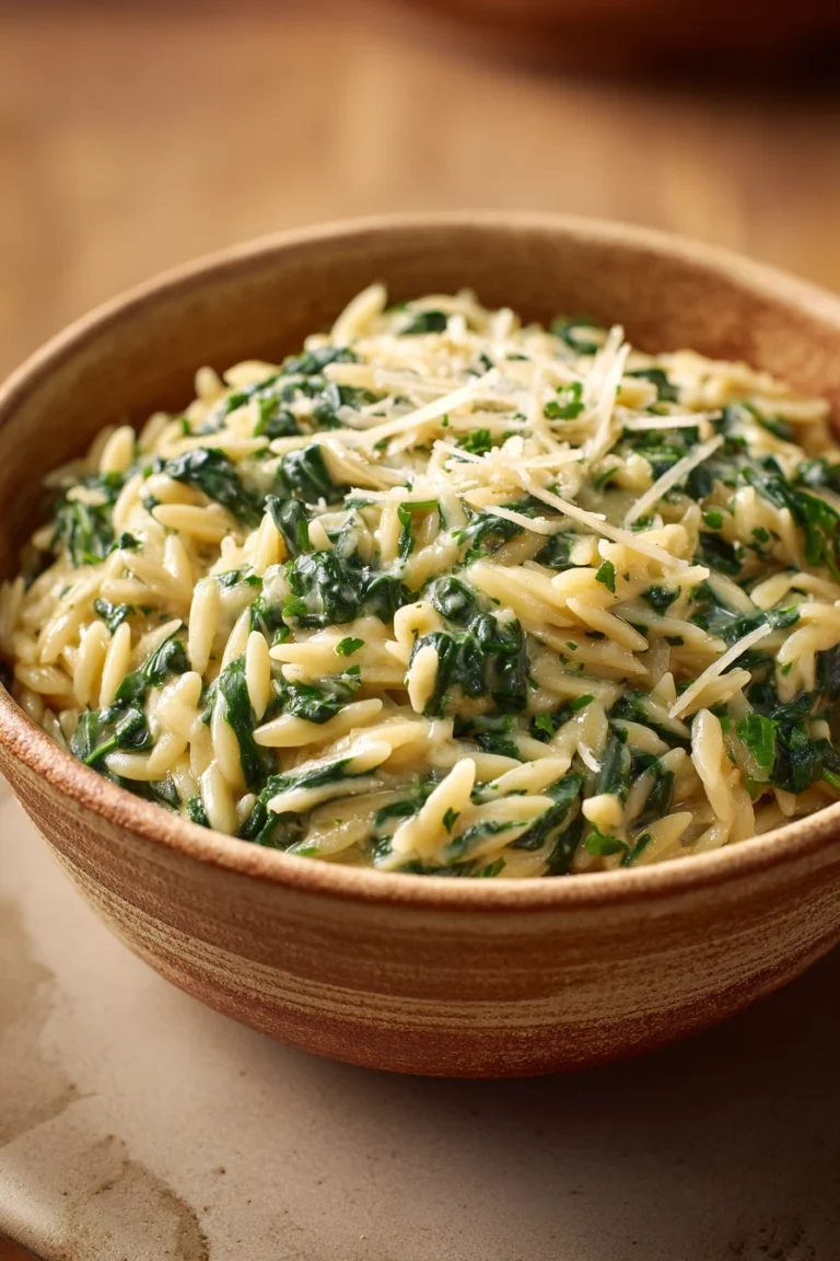 Close-up of creamy spinach orzo with parmesan, bright and appetizing.