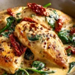 Close-up of creamy Tuscan chicken skillet with herbs and sauce