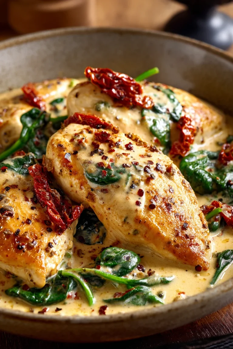 Close-up of creamy Tuscan chicken skillet with herbs and sauce
