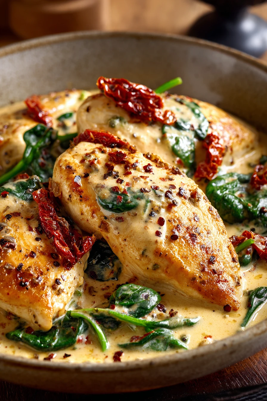 Close-up of creamy Tuscan chicken skillet with herbs and sauce