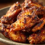 Close-up of crispy air fryer chicken wings on a white plate with herbs.
