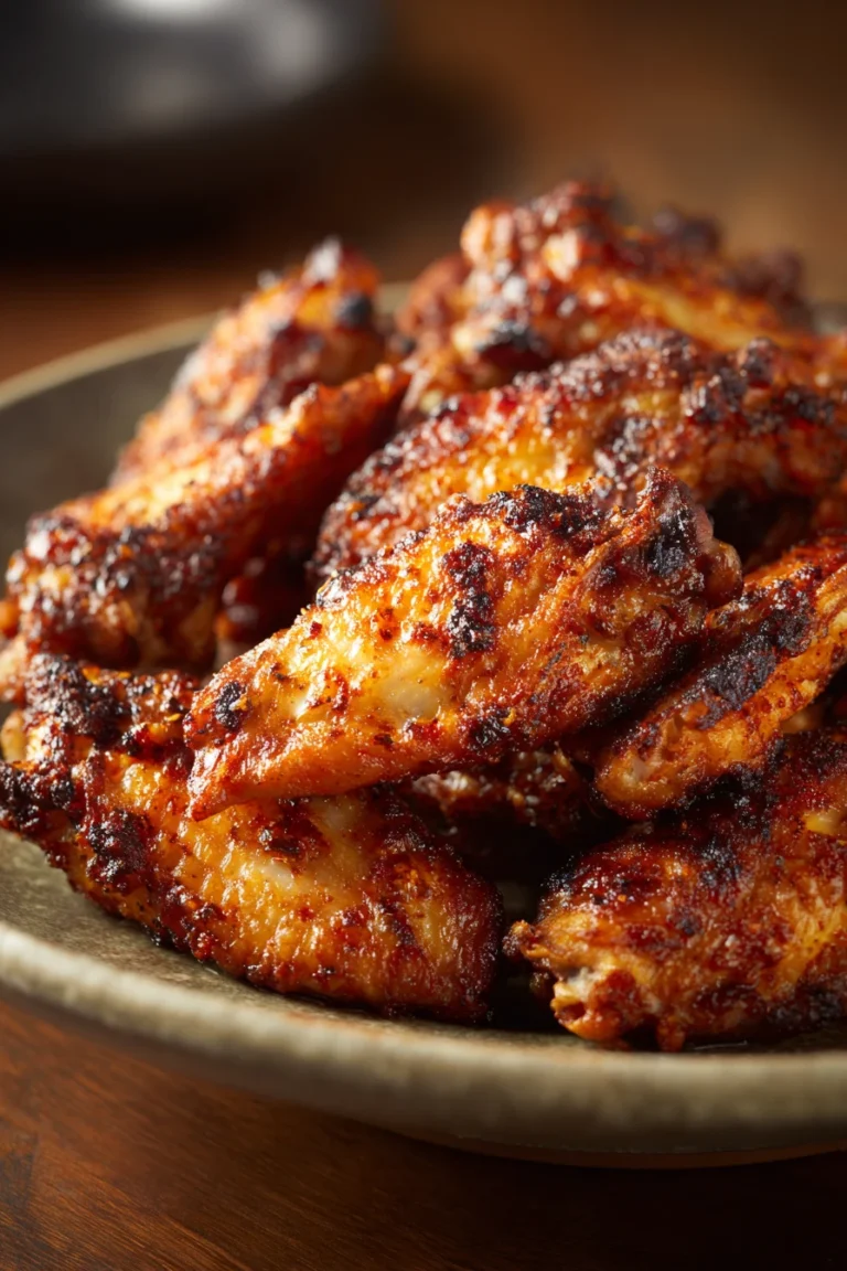 Close-up of crispy air fryer chicken wings on a white plate with herbs.
