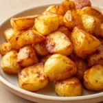 Close-up of crispy air fryer potatoes with golden brown texture on a clean white plate.