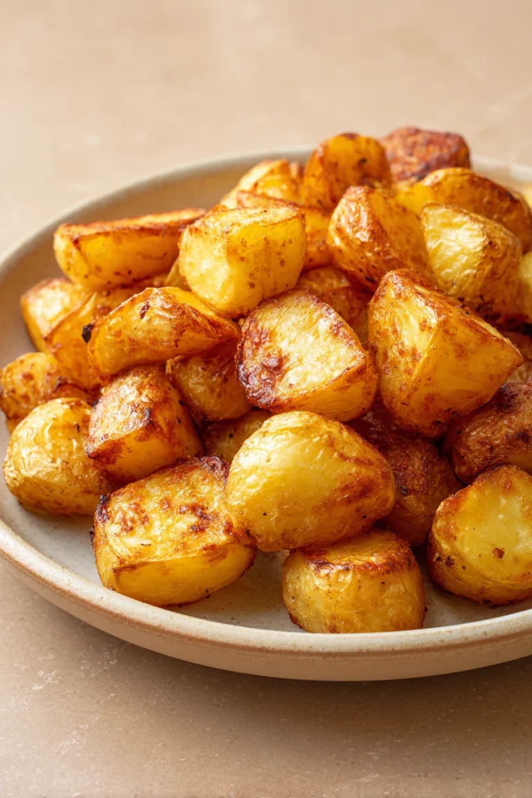 Close-up of crispy air fryer potatoes with golden brown texture on a clean white plate.