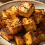 Close-up of crispy air fryer tofu with a clean background and bright lighting