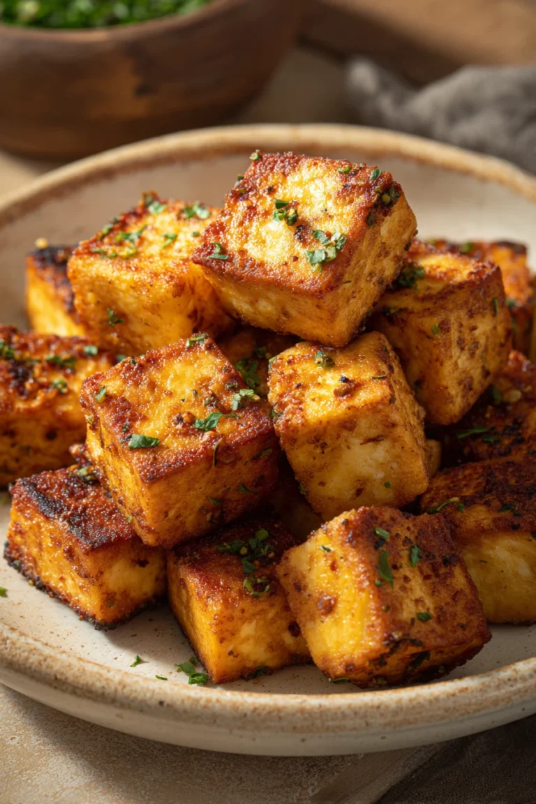Close-up of crispy air fryer tofu with a clean background and bright lighting