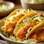 Close-up of crispy fish tacos with fresh toppings and lime wedges on a clean background.