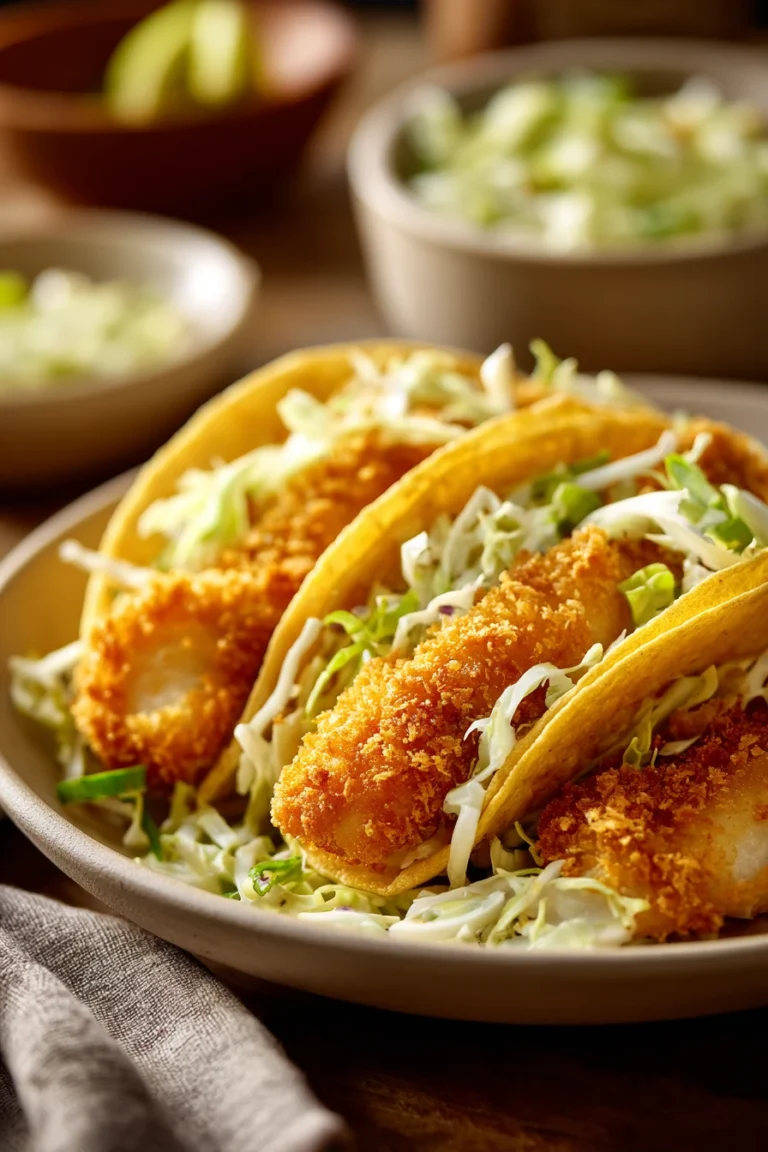 Close-up of crispy fish tacos with fresh toppings and lime wedges on a clean background.