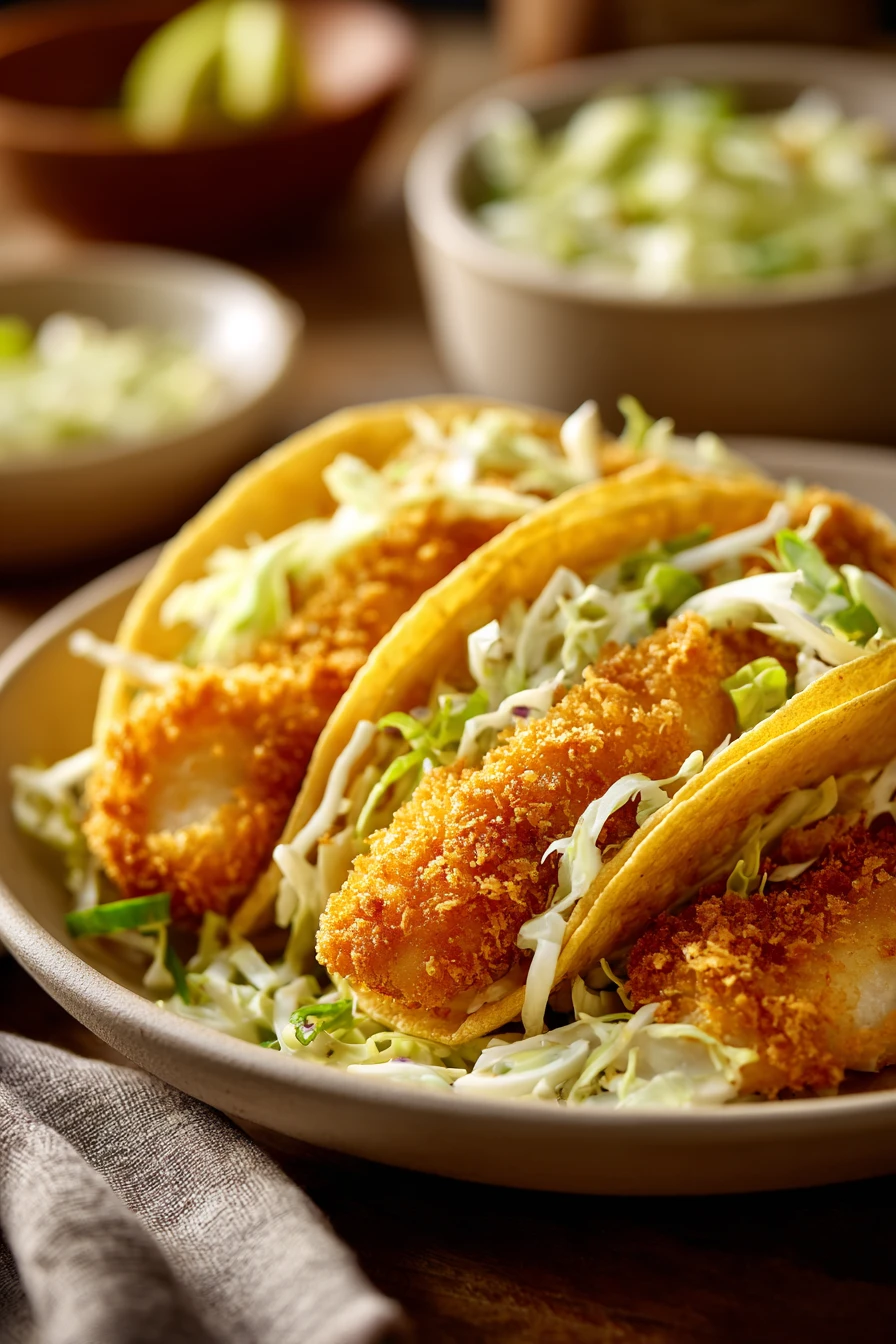 Close-up of crispy fish tacos with fresh toppings and lime wedges on a clean background.