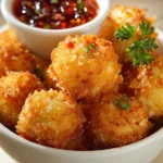 Close-up of crispy shrimp balls with sweet chili sauce on a clean white plate