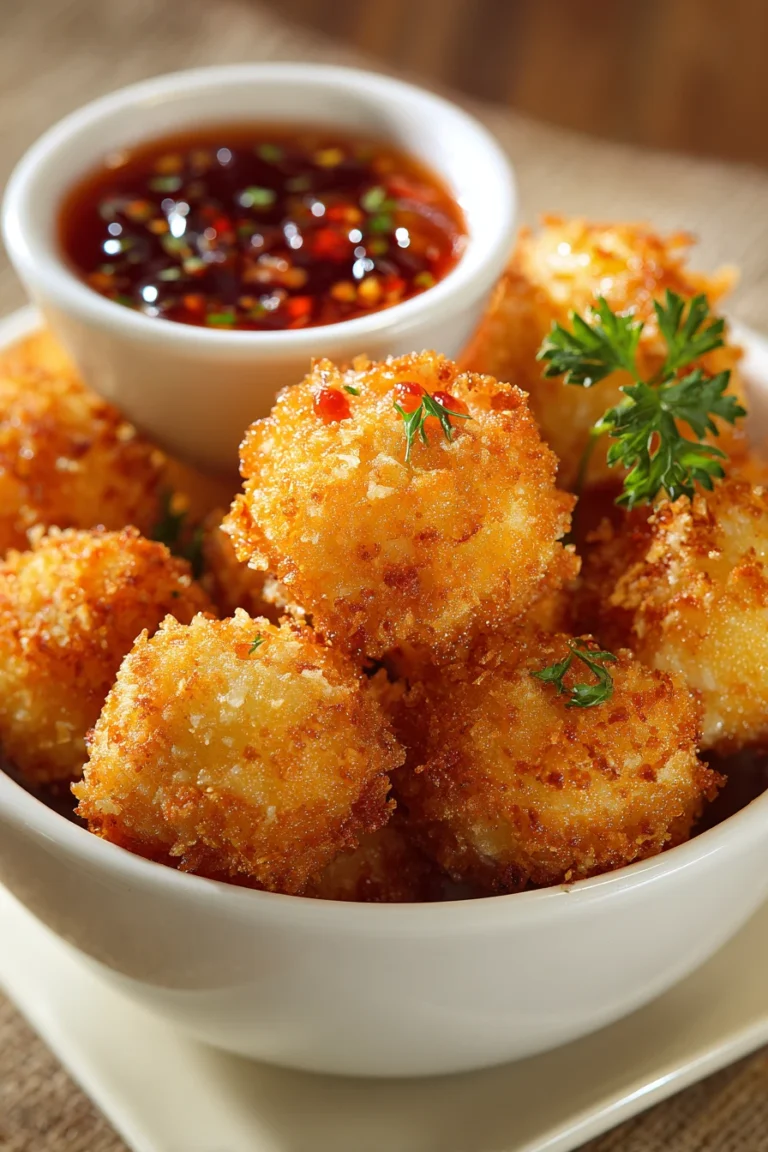 Close-up of crispy shrimp balls with sweet chili sauce on a clean white plate