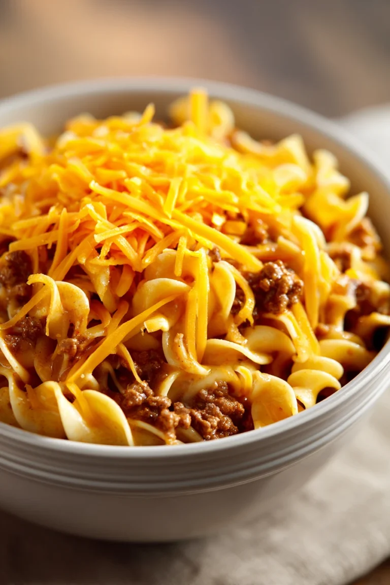 Close-up of crock pot beef noodle casserole with creamy sauce and beef chunks
