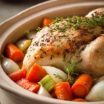 Close-up of a crock pot chicken roast with golden brown skin and herbs