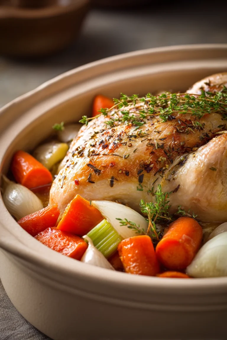 Close-up of a crock pot chicken roast with golden brown skin and herbs