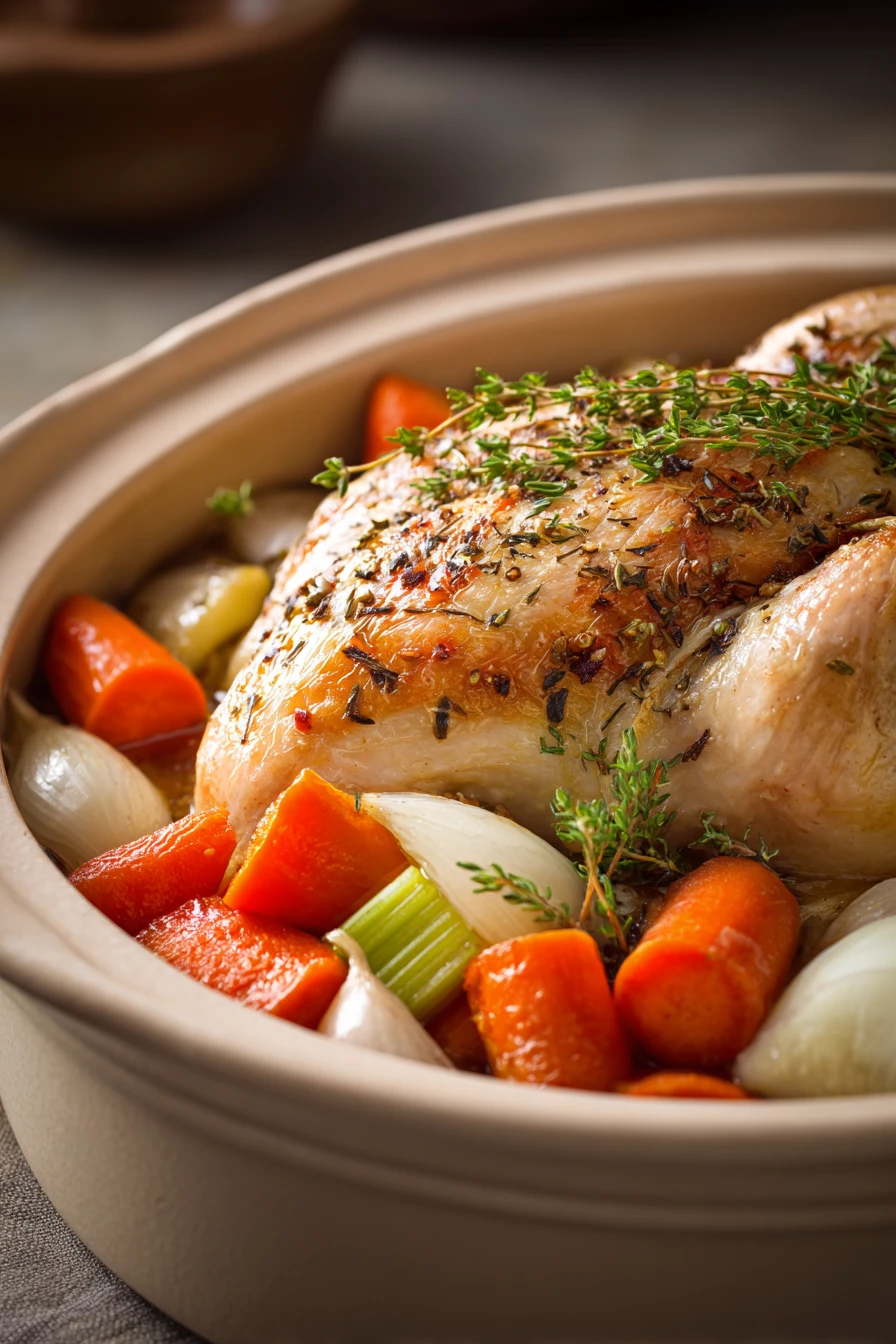 Close-up of a crock pot chicken roast with golden brown skin and herbs