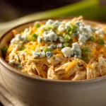 Close-up of crock pot chicken wing dip with creamy texture and herbs