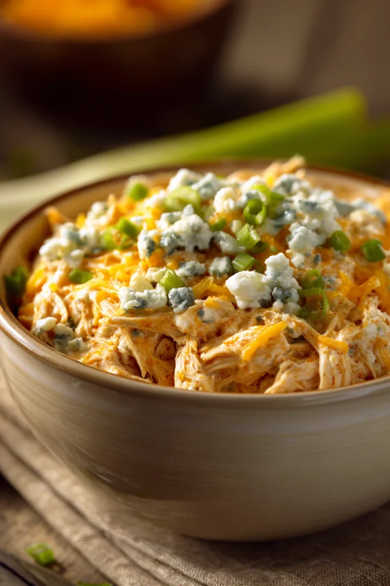 Close-up of crock pot chicken wing dip with creamy texture and herbs