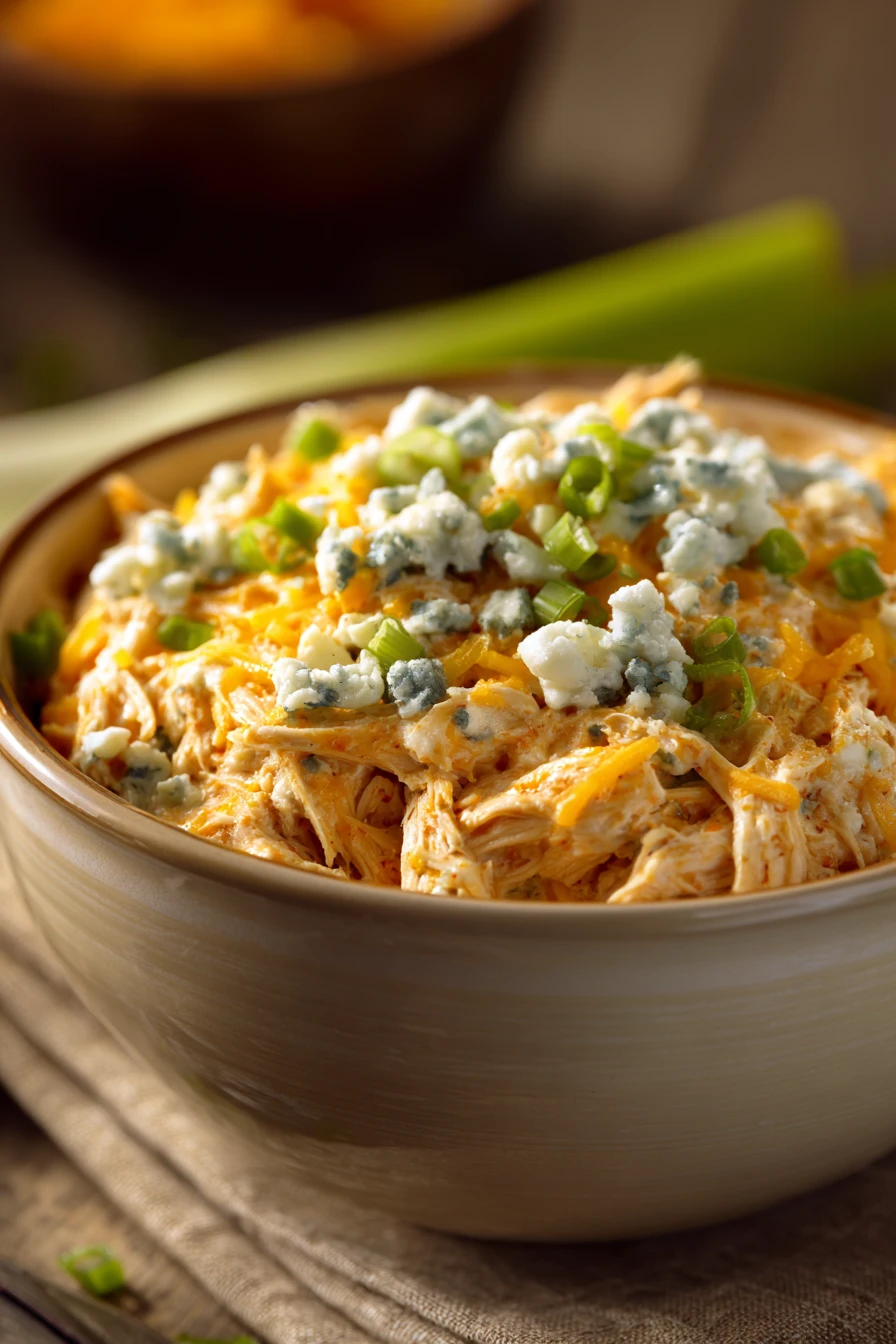Close-up of crock pot chicken wing dip with creamy texture and herbs