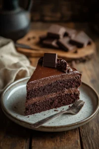 Close-up of a rich chocolate cake with a glossy finish, perfect for dessert lovers.