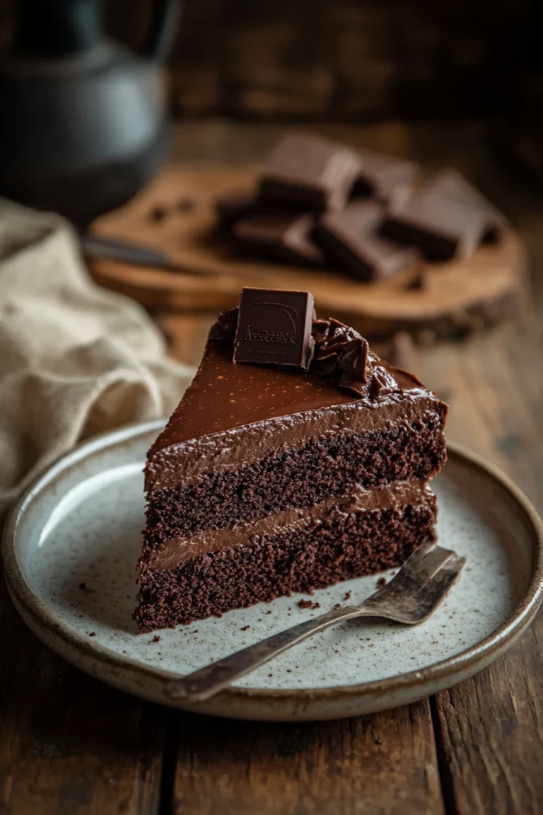 Close-up of a rich chocolate cake with a glossy finish, perfect for dessert lovers.