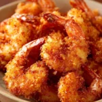 Close-up of crispy deep fried shrimp in air fryer with golden texture
