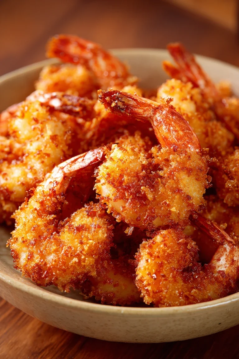 Close-up of crispy deep fried shrimp in air fryer with golden texture