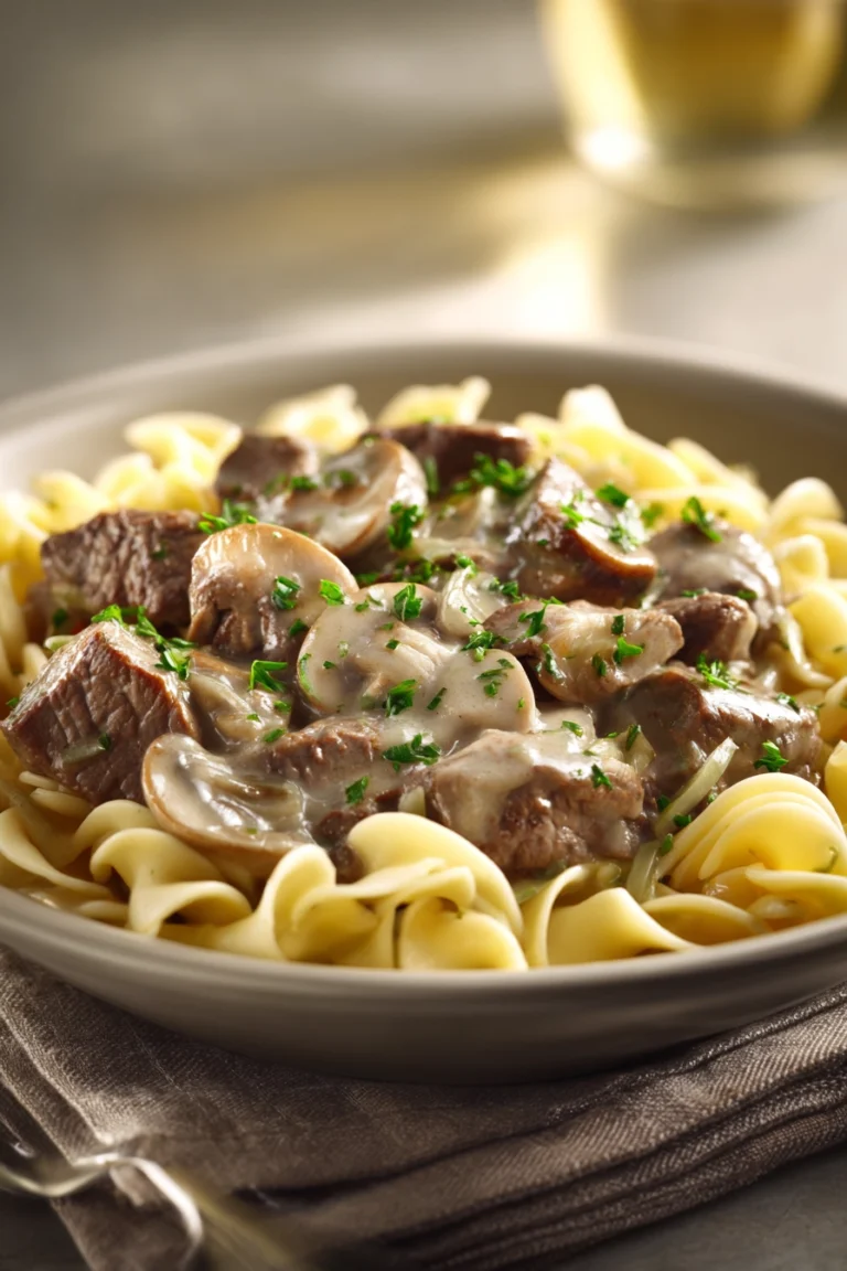 Close-up of Beef Stroganoff with creamy sauce and tender beef slices on a clean plate