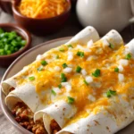 Close-up of breakfast enchiladas with melted cheese and fresh herbs
