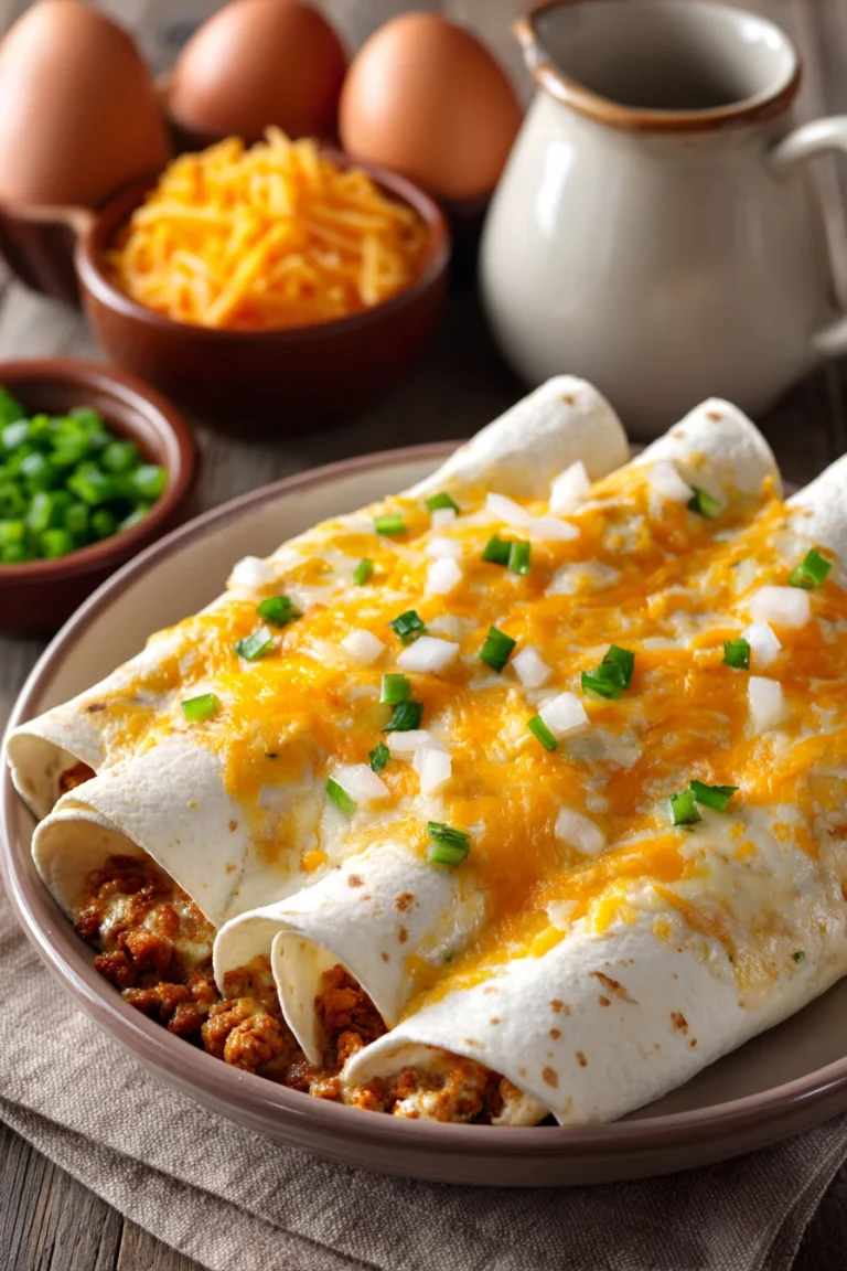 Close-up of breakfast enchiladas with melted cheese and fresh herbs