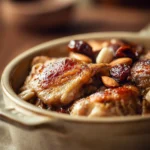Close-up of a chicken and date casserole with golden-brown crust and herbs.