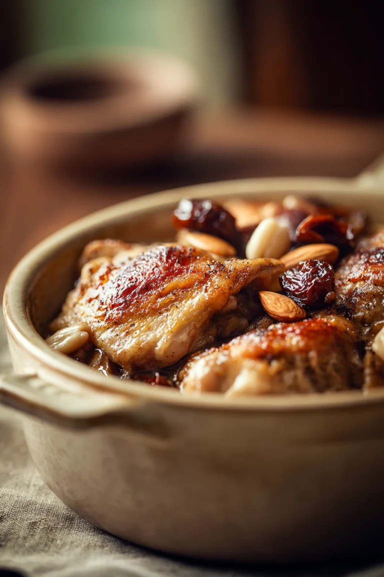 Close-up of a chicken and date casserole with golden-brown crust and herbs.