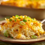 Close-up of Chicken Hash Brown Casserole with golden crust and creamy texture.