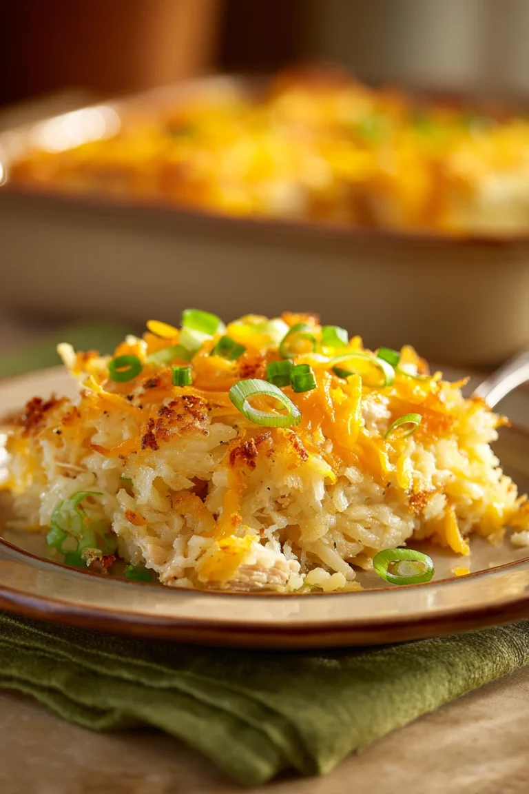 Close-up of Chicken Hash Brown Casserole with golden crust and creamy texture.