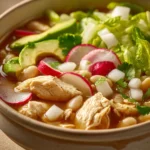 Close-up of Chicken Pozole with vibrant garnishes in a warm, inviting setting