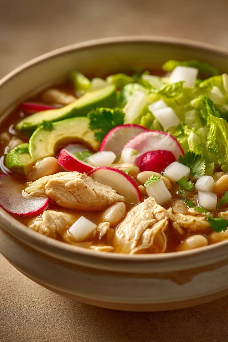 Close-up of Chicken Pozole with vibrant garnishes in a warm, inviting setting