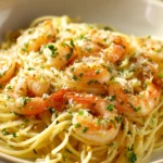Close-up of dinner shrimp pasta with creamy sauce and herbs on a white plate.