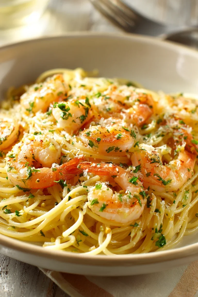 Close-up of dinner shrimp pasta with creamy sauce and herbs on a white plate.