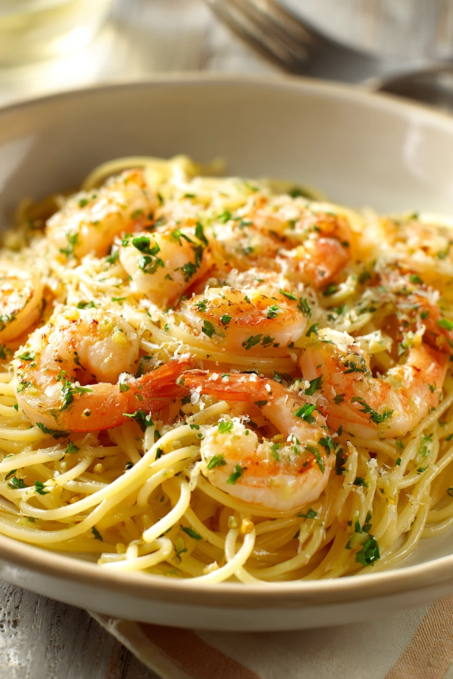 Close-up of dinner shrimp pasta with creamy sauce and herbs on a white plate.