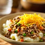 Close-up of a baked ground beef dinner with melted cheese and herbs on top.