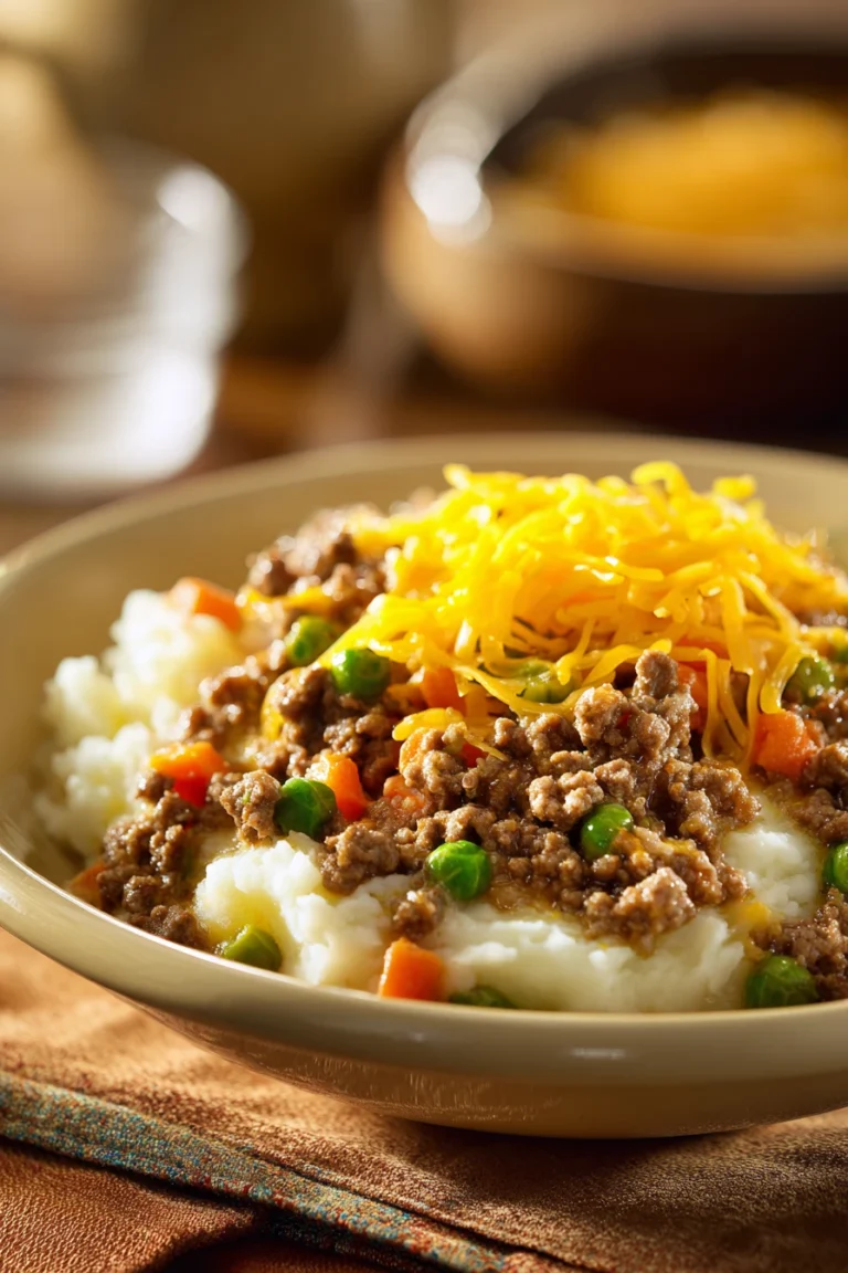 Close-up of a baked ground beef dinner with melted cheese and herbs on top.