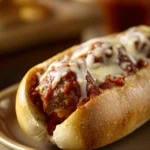 Close-up of a delicious meatball sub with melted cheese and marinara sauce.