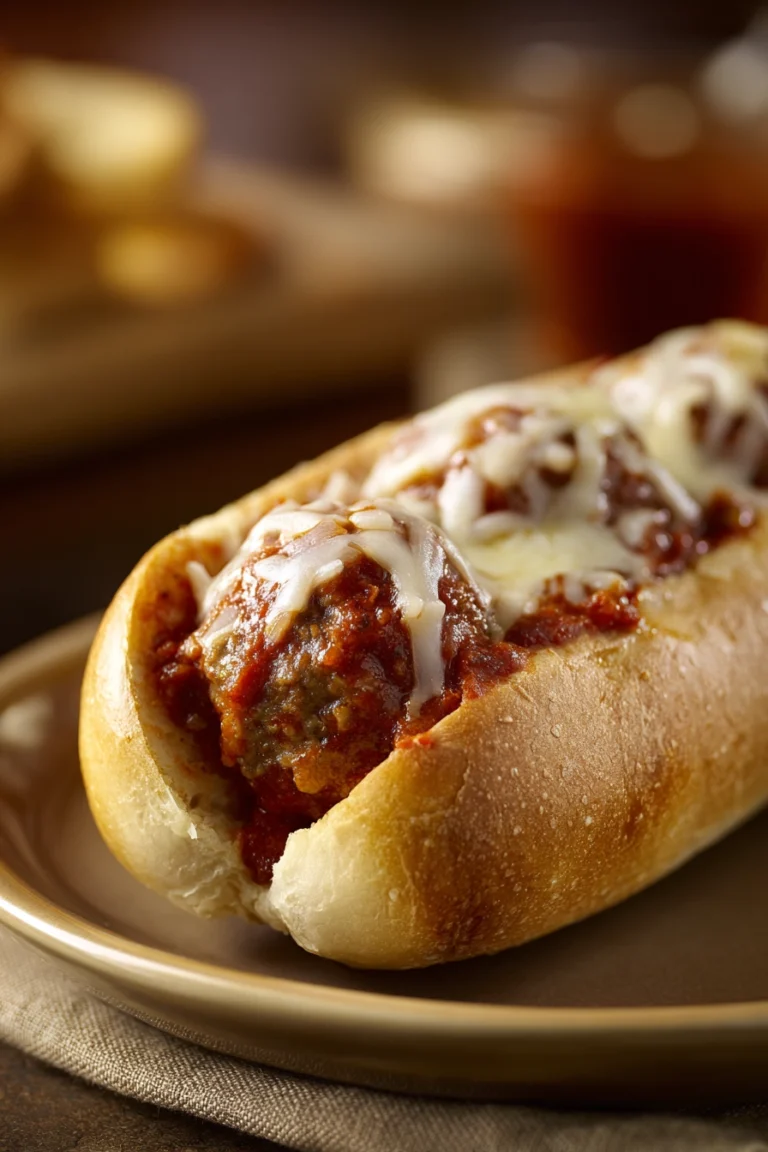 Close-up of a delicious meatball sub with melted cheese and marinara sauce.