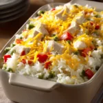 Close-up of a rice dinner casserole with visible ingredients in bright natural lighting.