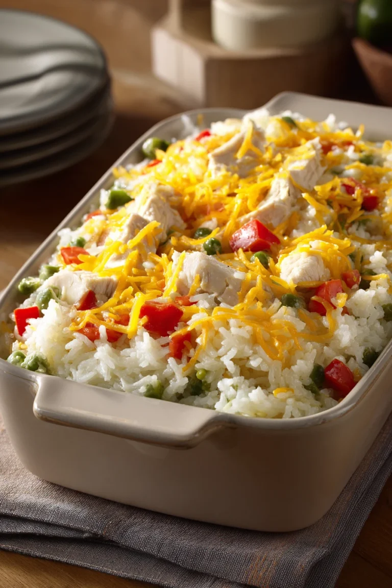 Close-up of a rice dinner casserole with visible ingredients in bright natural lighting.