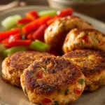 Close-up of golden-brown salmon cakes on a white plate with a clean background.